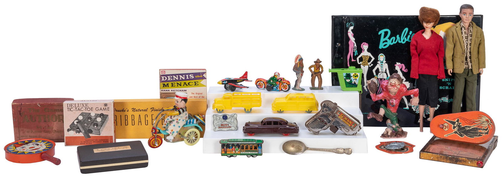Assortment of small vintage toys. Approximately 30 pieces, including tin litho noisemakers and (1 of 1)