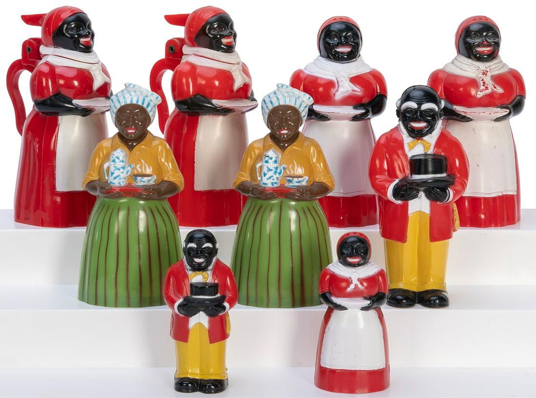 Group of 9 novelty African-American themed salt and pepper shakers or syrup decanters. [Dayton: F & (1 of 1)