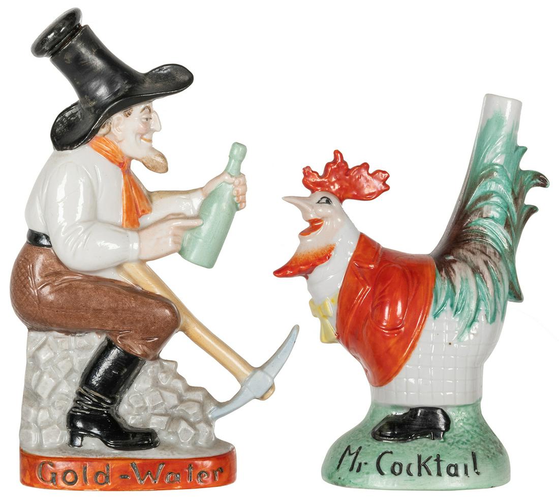 Group of 2 small painted ceramic liquor decanters. One is a rooster (“Mr. Cocktail”) (1 of 2)