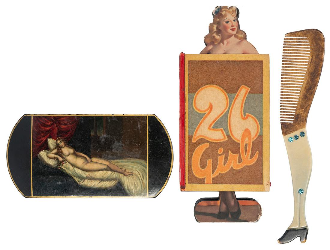 Group of Three Erotic / Pin-Up Articles. Circa early/mid-20th century. Includes: a nude hand-painted: Group of Three Erotic / Pin-Up Articles. Circa early/mid-20th century. Includes: a nude hand-painted leather and lacquer “Segars” (cigar) case (5 ½ x 3”); a Jackpot Punch “