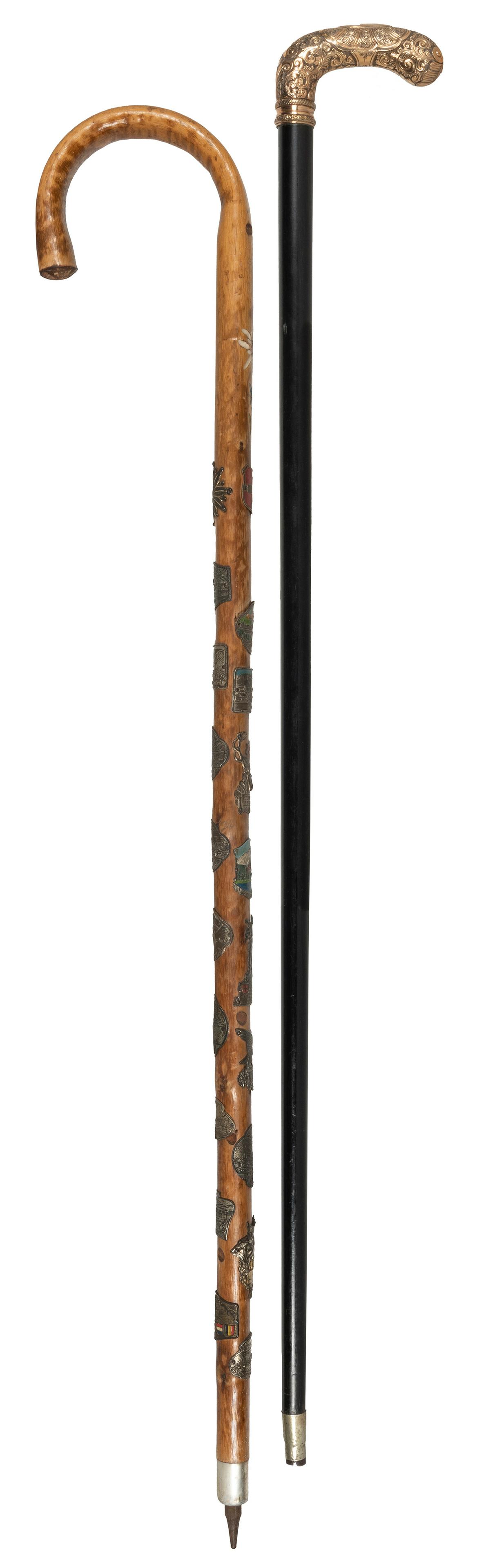 Victorian Gold-Filled Cane [and] a Swiss Cane. Including: Swiss walking stick [20th century]. Wooden (1 of 1)