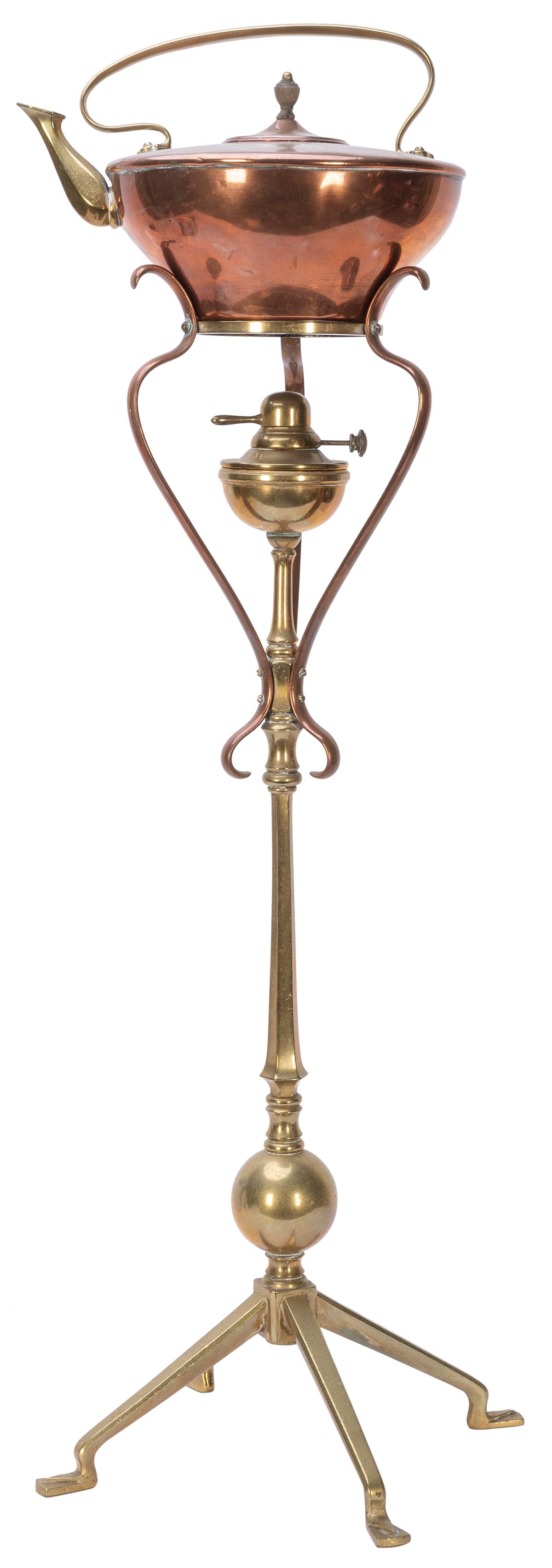 Standing copper and brass spirit kettle. [N.p., ca. 1900s]. Copper with brass accents, with original (1 of 1)