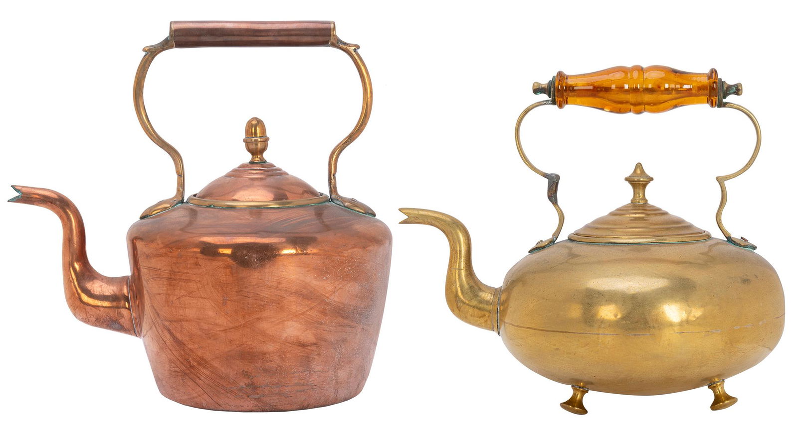 Group of 2 copper and brass kettles. Including: brass tea kettle by James Clews, Birmingham (1 of 1)