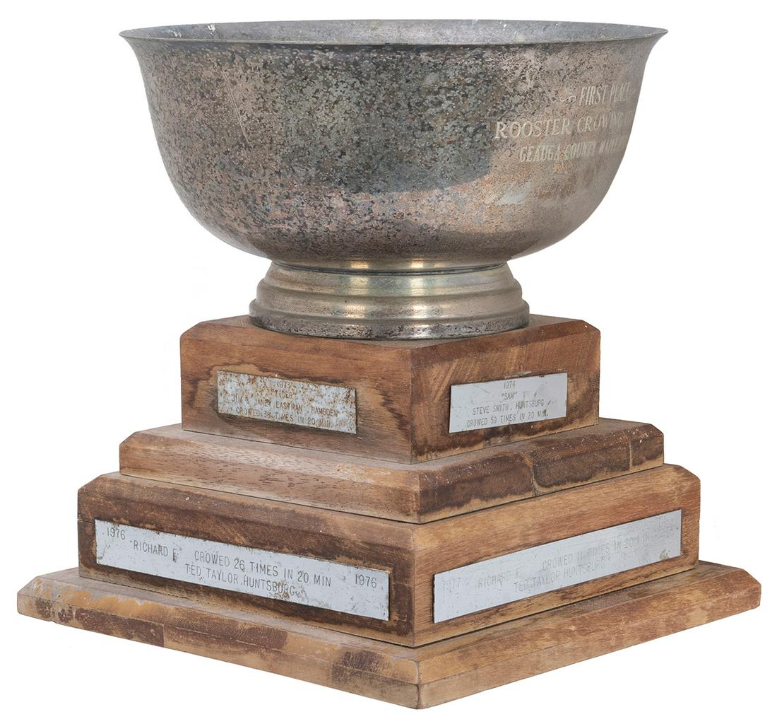 Geauga County Maple Festival Rooster Crowing Contest Trophy. 1970s. Silverplate trophy on wooden (1 of 2)