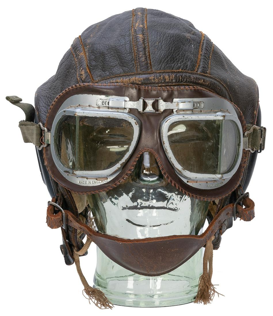 Slote & Klein Leather Aviator Helmet and Goggles. Marked AN-48440-1. Chip guard detached. (1 of 2)