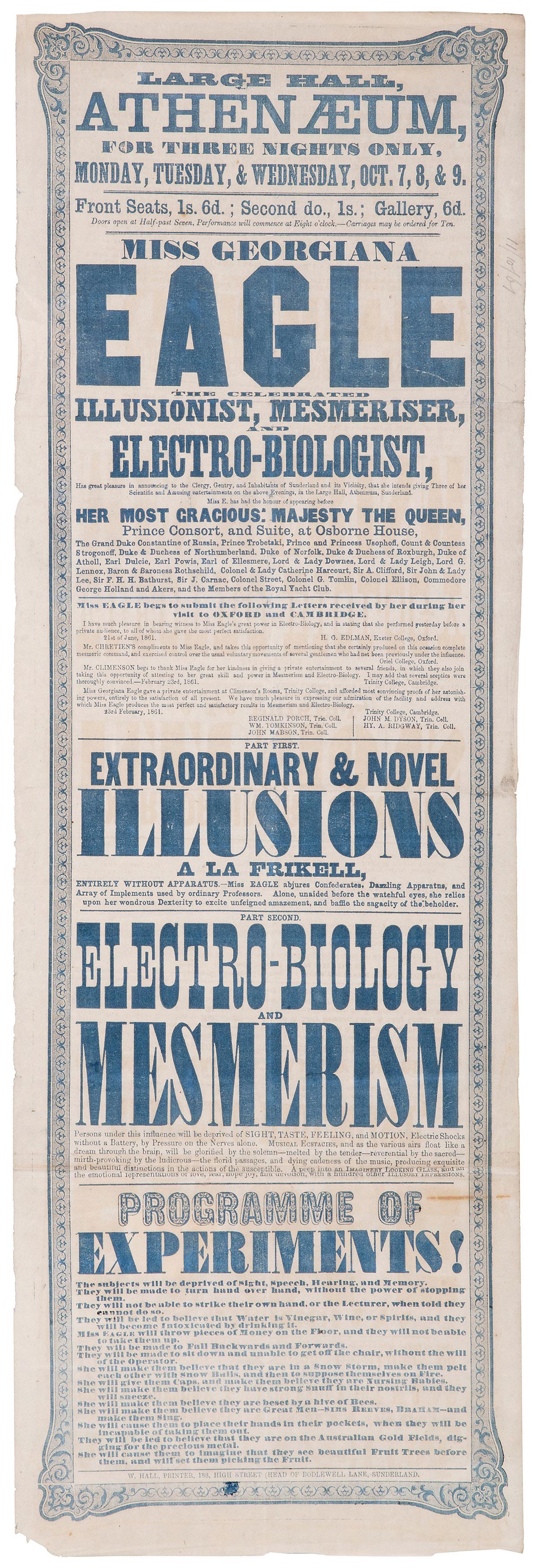 EAGLE, Georgiana (1835 – 1911). Miss Georgiana Eagle The Celebrated Illusionist, Mesmeriser, (1 of 1)