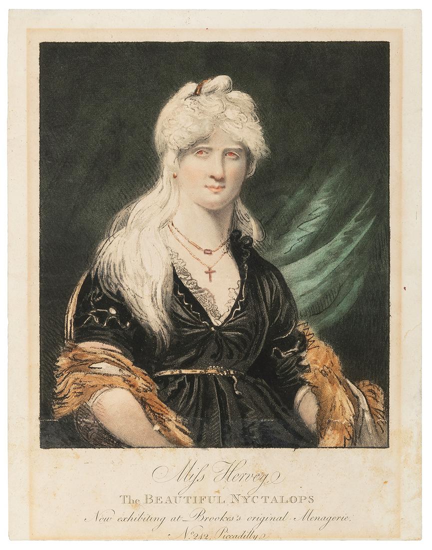 [ALBINO] HERVEY, Miss. The Beautiful Nyctalops. [London]: J...: [ALBINO] HERVEY, Miss. The Beautiful Nyctalops. [London]: John Raphael Smith, ca. 1800. Stipple engraving attractively hand-colored and being a striking three-quarter length seated portrait of the nig