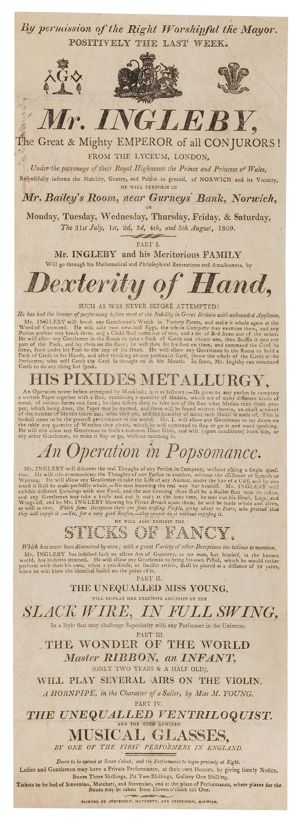 INGLEBY, Thomas (d. 1832). Mr. Ingleby The Great & Mighty E...: INGLEBY, Thomas (d. 1832). Mr. Ingleby The Great & Mighty Emperor of all Conjurors! Norwich: Printed by Stevenson, Matchett, and Stevenson, 1809. Letterpress broadside for Ingelby’s performance 