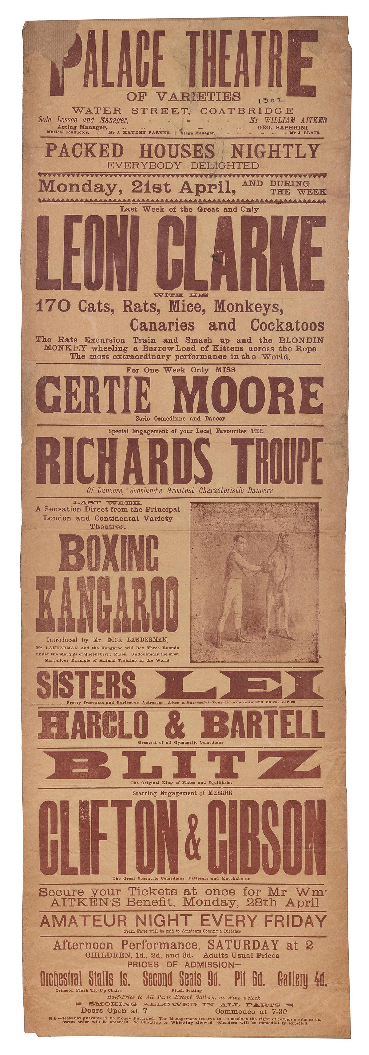 [KANGAROO] Palace Theatre of Varieties. Boxing Kangaroo. Ci...: [KANGAROO] Palace Theatre of Varieties. Boxing Kangaroo. Circa 1902. Oversize pictorial broadside for the variety show featuring a range of trained animals, including Leoni Clarke with “170 cats