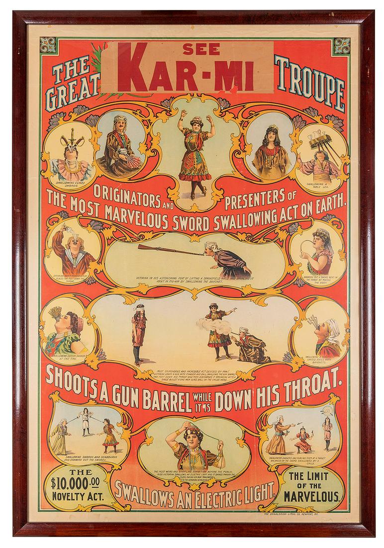 KAR-MI (Joseph Bryant Hallworth ca. 1872- 1957). See The Gr...: KAR-MI (Joseph Bryant Hallworth ca. 1872- 1957). See The Great Kar-Mi Troupe. Newport: The Donaldson Litho. Co., ca. 1916. One-sheet color lithograph for the “originators and presenters of the m