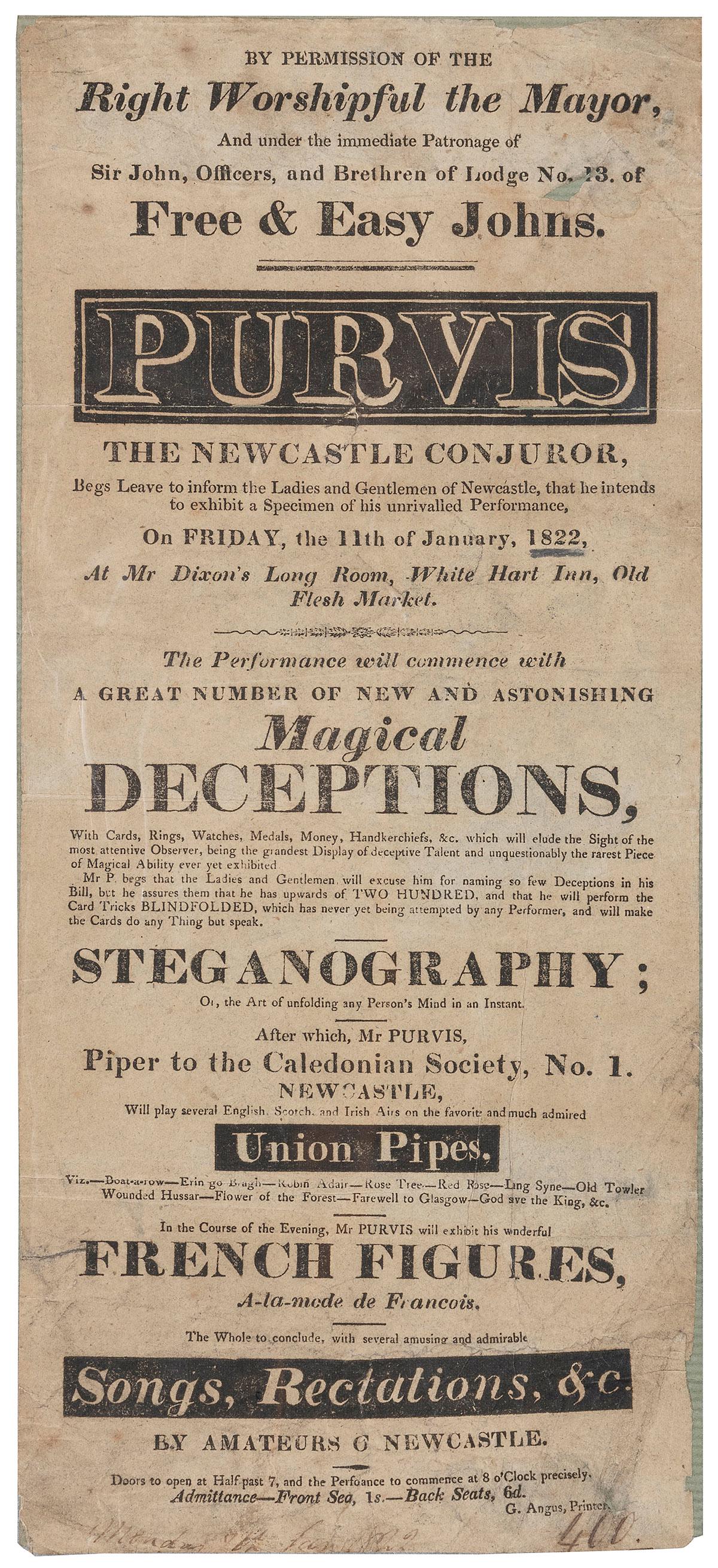 PURVIS, Billy (1784 – 53). Purvis The Newcastle Conjuror. [... (1 of 1)