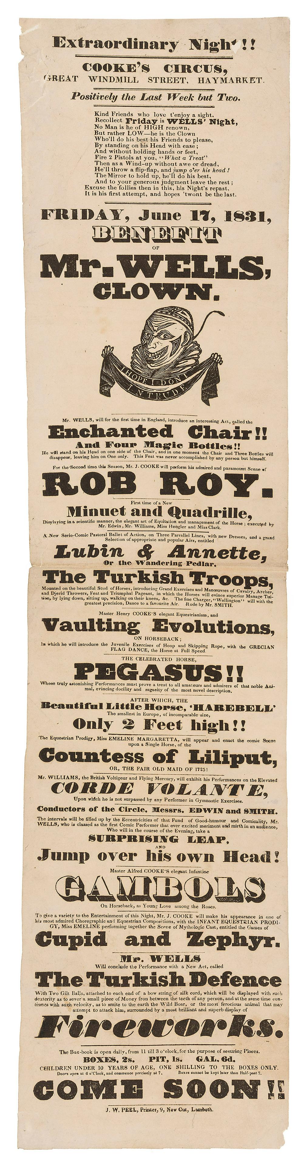 WELLS. Extraordinary Night!! Benefit of Mr. Wells, Clown. L... (1 of 1)