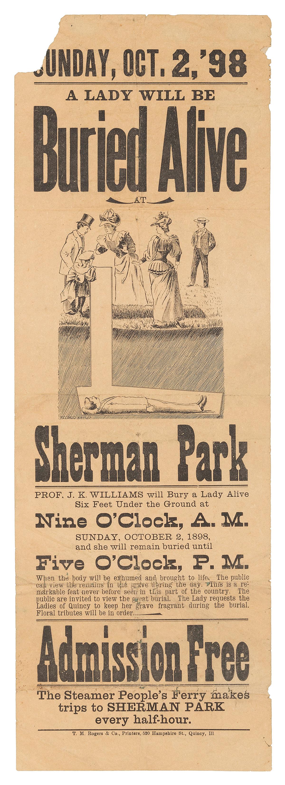 WILLIAMS, Prof. J.K. A Lady Will be Buried Alive. Quincy, I... (1 of 1)