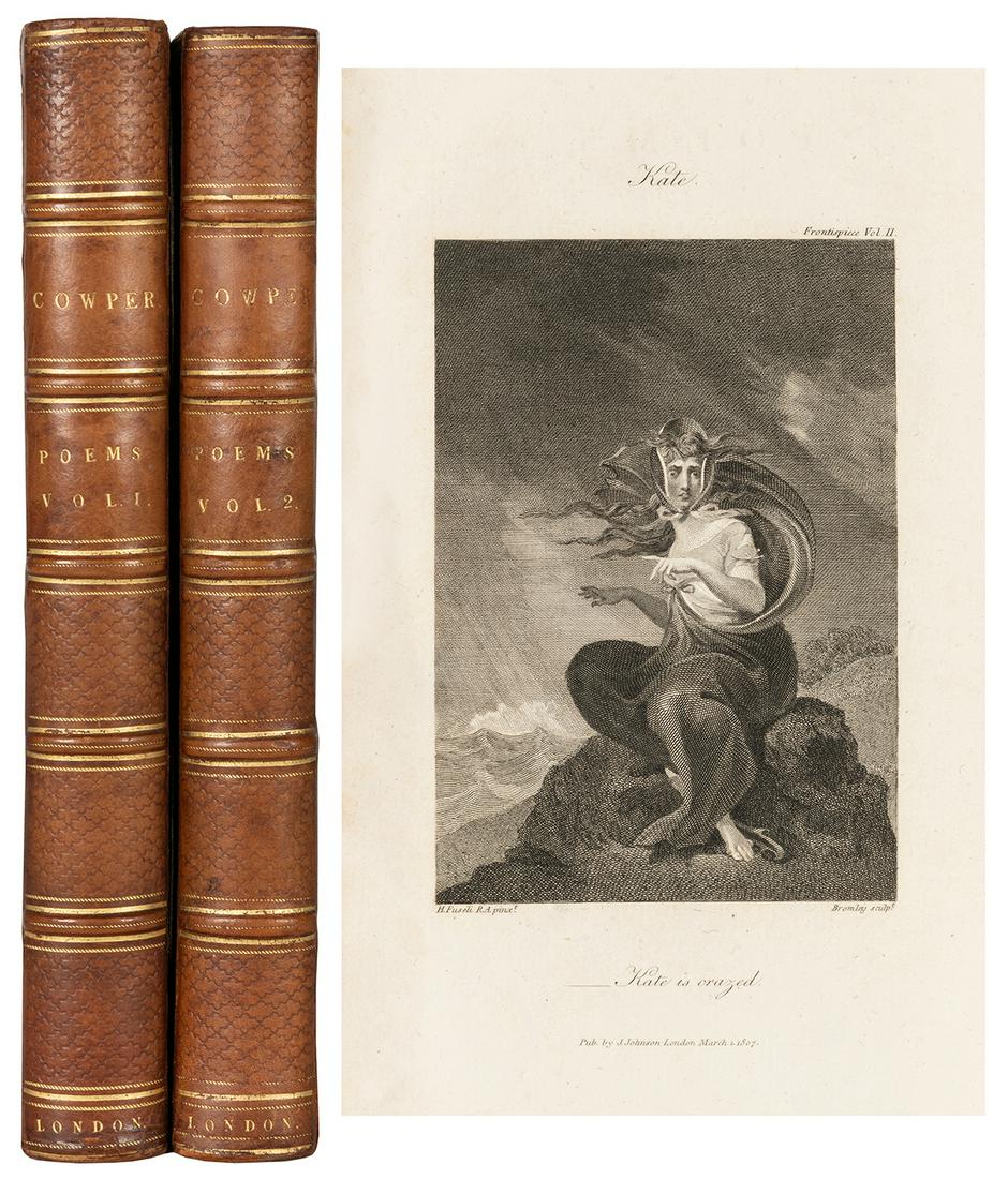 COWPER, William (1731–1800). Poems. London: T. Bensley for ...: COWPER, William (1731–1800). Poems. London: T. Bensley for J. Johnson, 1806. 2 volumes, royal 8vo (229 x 140 mm). 8 engraved plates including frontispieces after Henry Fuseli (some offsetting fr