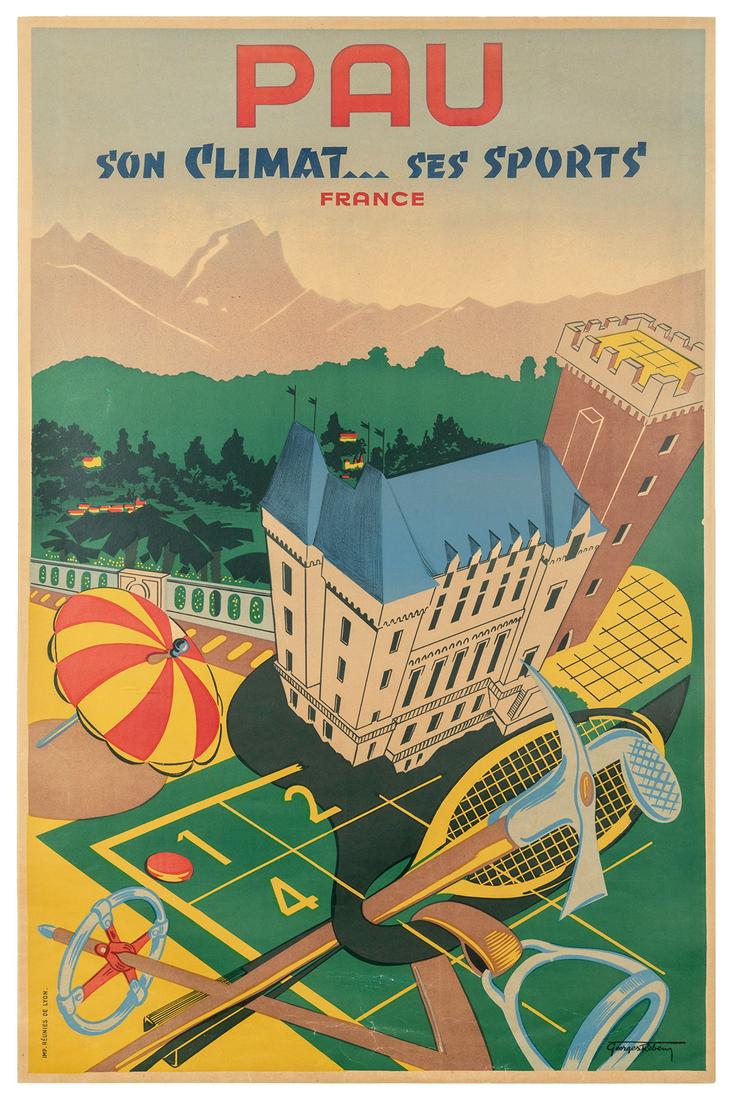 REBEN, Georges. Pau / France. Lyon: Reunies. French lithogr...: REBEN, Georges. Pau / France. Lyon: Reunies. French lithograph tourism poster. 38 ¼ x 25”. Linen backed. Creasing with inpainting to lower image. B+.