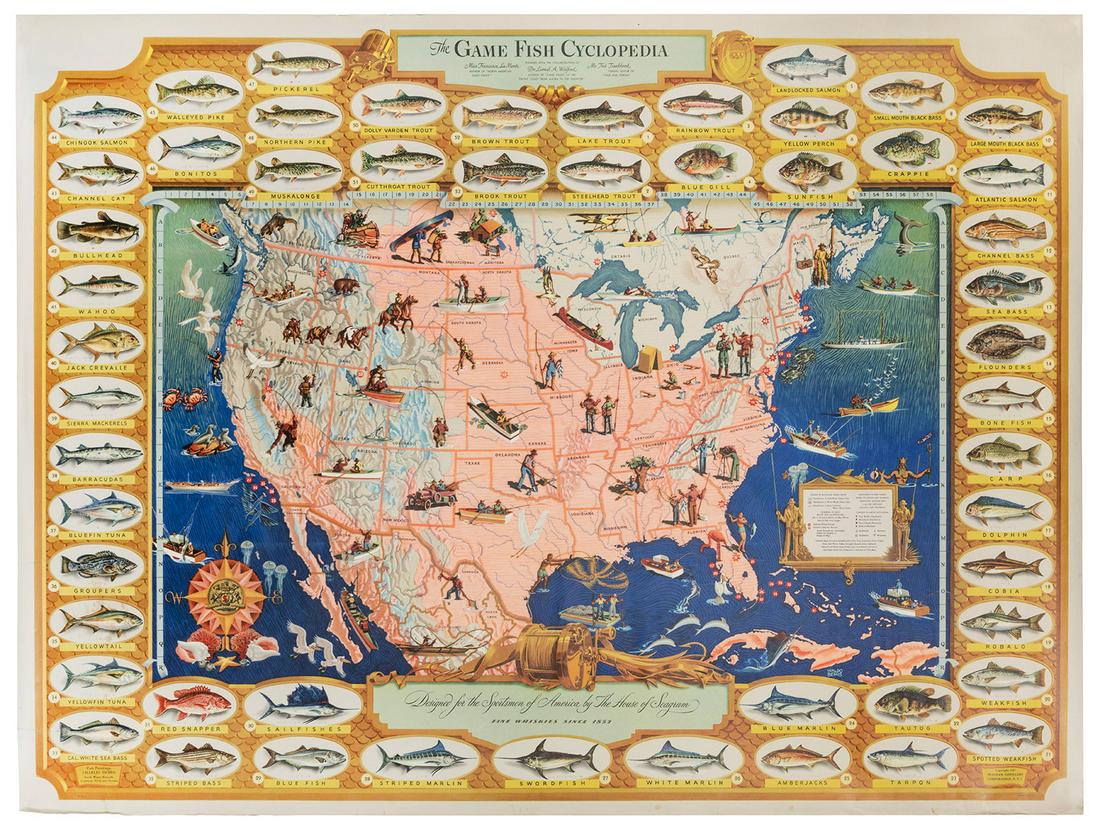 BEMIS, Waldo. Pictorial Fishing or Angling Map of the Unite...: BEMIS, Waldo. Pictorial Fishing or Angling Map of the United States. 1941. Map depicts the Continental U.S. and illustrates the distribution of warm and cold-water fish throughout the country, courtes
