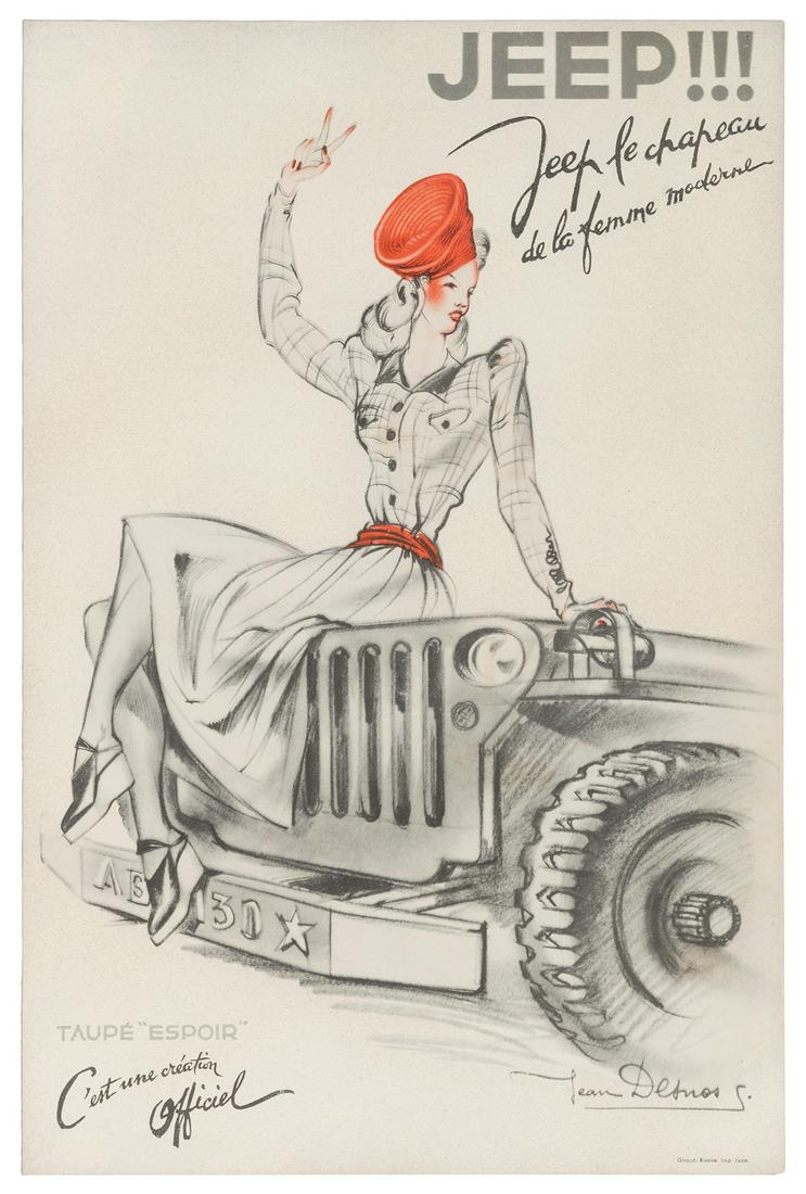 DESNOS, Jean. Jeep!!! Lyon: Giraud Rivoire, ca. 1950s. Stan...: DESNOS, Jean. Jeep!!! Lyon: Giraud Rivoire, ca. 1950s. Standee. A woman in a red hat sits on the front hood of a Jeep. 15 ¾ x 10 ¼”. A.