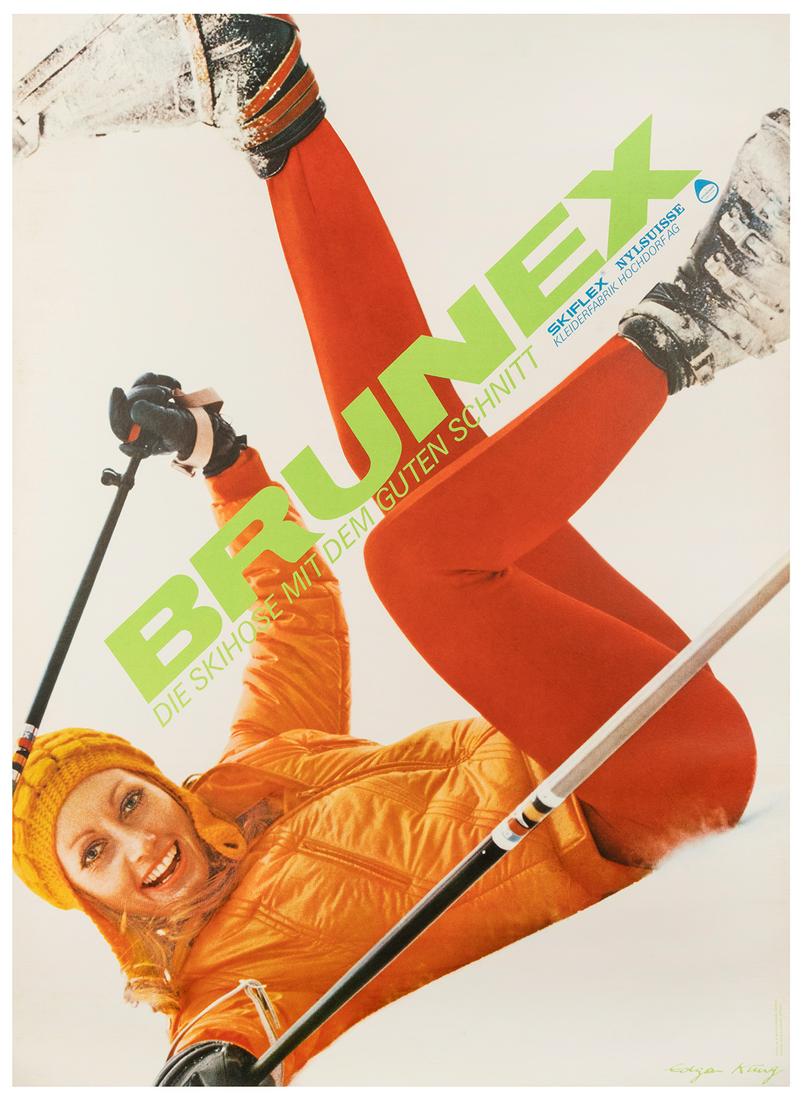 KING, Edgar. Brunex. Zurich: Hug & Sohne, ca. 1960s. Photo ...: KING, Edgar. Brunex. Zurich: Hug & Sohne, ca. 1960s. Photo by H.P. Muhlemann, depicting a woman in red Brunex ski pants. 50 x 35 ½”. Linen backed. A/A-.