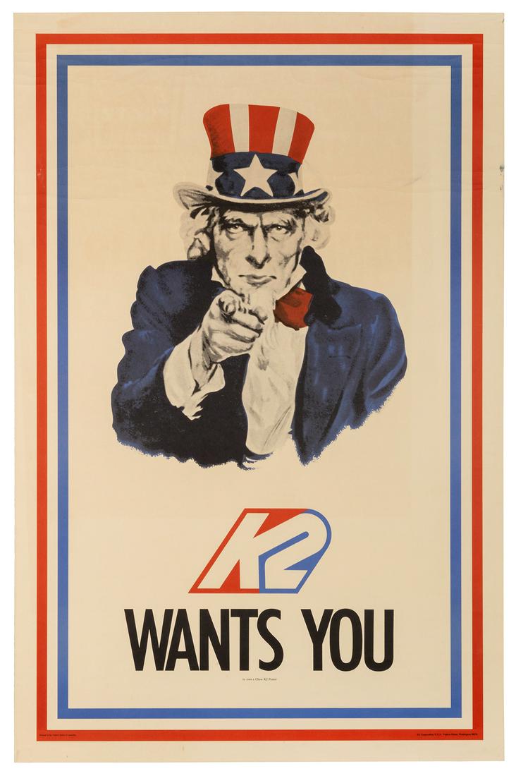 K2 Wants You to own a Chew K2 Poster. Vashon Island, WA: K2...: K2 Wants You to own a Chew K2 Poster. Vashon Island, WA: K2 Corp, [ca. 1970s]. Poster for K2 winter sports, employing Flagg’s classic “I Want You” Uncle Sam. 35 x 23”. Some cre