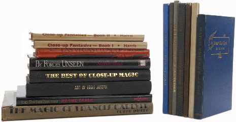 Group of 15 books about close-up magic: [Close-Up Magic] Group of 15 books about close-up magic. Including At the Table by Jon Racherbaumer (1984), The Best of Close-Up Magic by Walt Lees (1984), By Forces Unseen by Stephen Minch (1993; ins