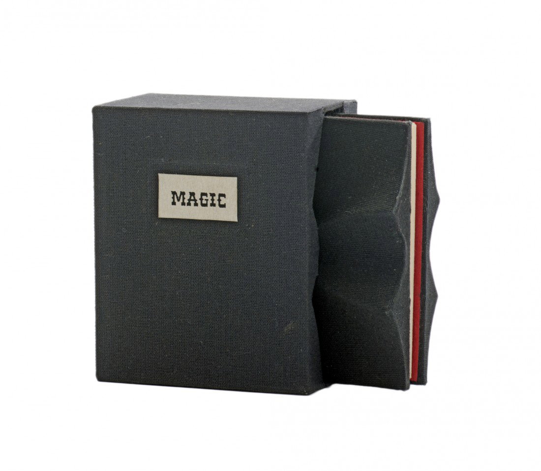 Lenier, J. A Midget Book of Mighty Mental Magic.: Lenier, Jules. A Midget Book of Mighty Mental Magic. Fullerton, 1994. Black cloth with matching cloth-covered case; text letterpress printed on woven paper. Sculptural binding with fitted slipcase. Nu