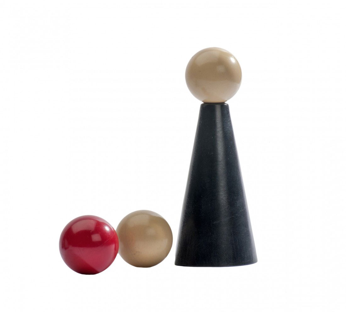 Ball and Cone. Los Angeles, B. Gusias [?], ca. 1965: Ball and Cone. Los Angeles, Bill Gusias [?], ca. 1965. Leather cone and three snooker-size billiard balls (two white, one red) for the Ball and Cone trick popularized by Dai Vernon. Cone stands 5 ½"