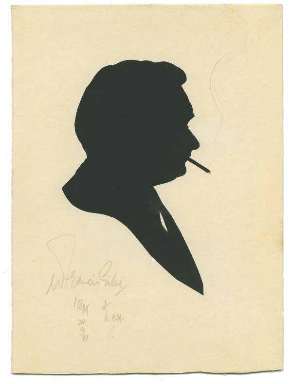 Giles, Francis. Silhouette of Larry Jennings. Large: Giles, Francis. Silhouette of Larry Jennings. Large silhouette of Larry Jennings smoking a cigarette. Mounted to thick mat board. Signed by the artist "Francis Giles/IBM 24/9/71/at 6 am."