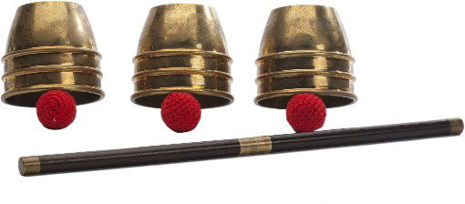 Larry Jennings Porper Cups and Balls.: Jennings, Larry. Larry Jennings Porper Cups and Balls. California, Porper Originals, 1981. Set of three spun brass cups in wooden carrying case with inlaid design and inlaid name plate stating "Larry 