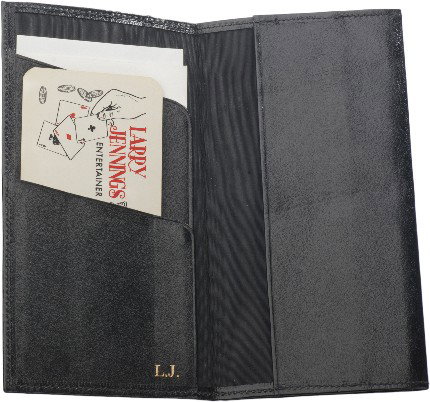 Larry Jennings' Himber Wallet. Monogrammed.: Jennings, Larry. Larry Jennings' Himber Wallet. American [?], ca. 1990 [?]. A z-fold style switching wallet with Jennings initials stamped in gold on the interior of each side. With notes and playing 