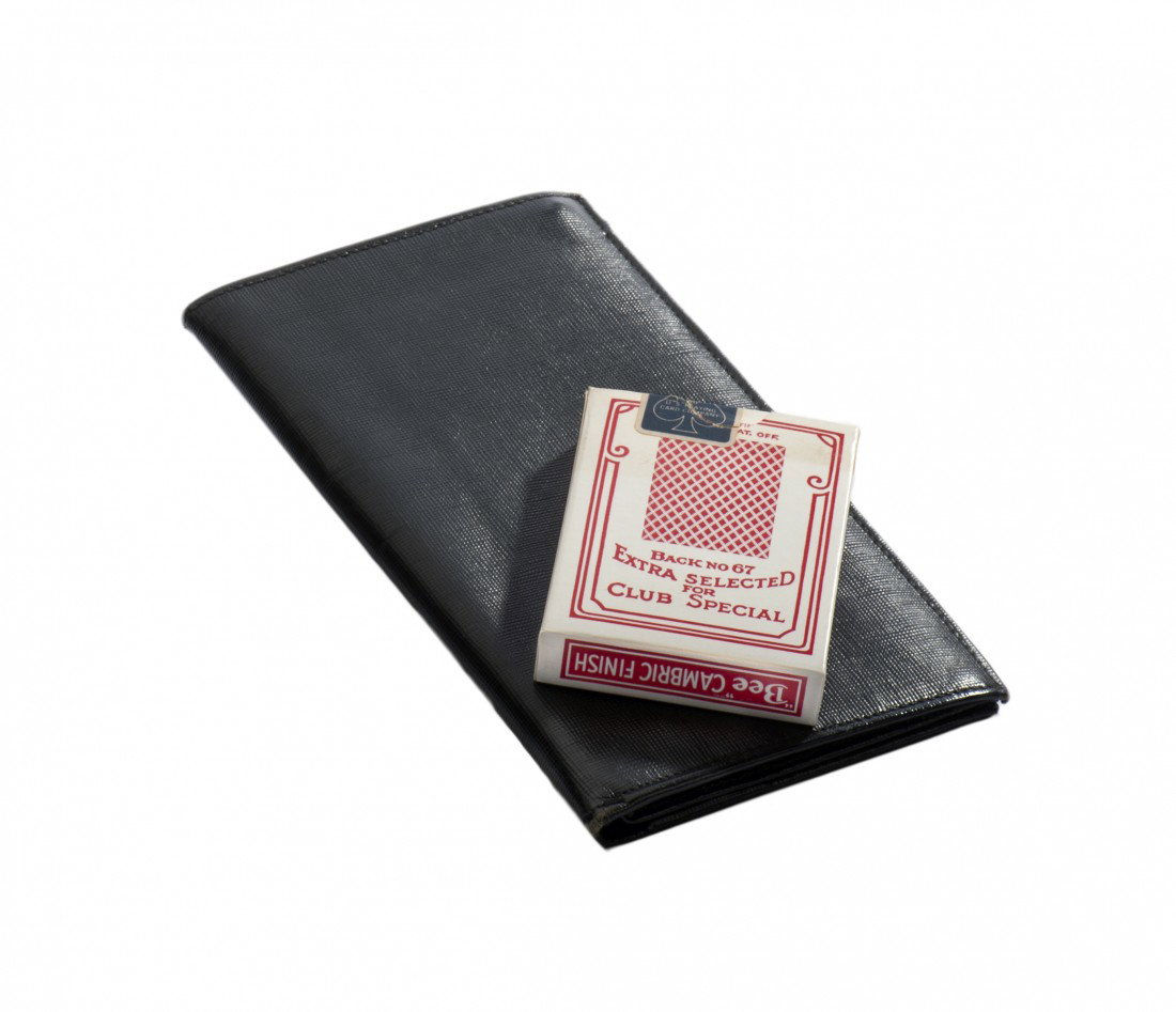Larry Jennings' LePaul Wallet. Custom made.: Jennings, Larry. Larry Jennings' LePaul Wallet. Hollywood, ca. 1976. Checkbook/passport-size wallet with zippered compartment in which the magician discovers a signed playing card that has vanished fr