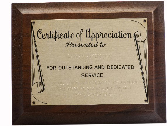 Larry Jennings' FFFF award. Buffalo 1979.: Jennings, Larry. Larry Jennings' FFFF award. Buffalo, 1979. An engraved plaque presented to Larry Jennings in appreciation of his "outstanding and dedicated service" at the 9th annual Fecther's Finger