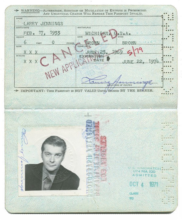 Three Larry Jennings' U.S. expired passports.: Jennings, Larry. Three Larry Jennings' passports. Three expired US Passports of Larry Jennings. The earliest dates to 1969. Accompanied by one of Jennings' bank ledgers with entries in his own hand, h