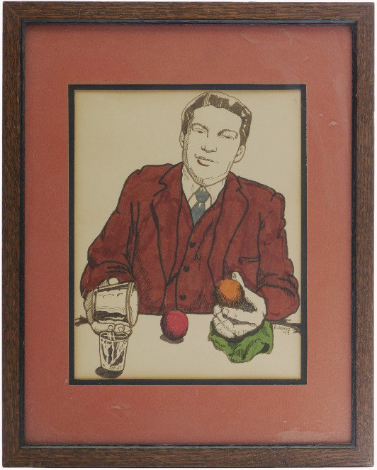 Pen-and-ink drawing of Larry Jennings. R. Mertz: Jennings, Larry. Pen-and-ink drawing of Larry Jennings. R. Mertz, 1979. Hand-colored sketch of a young Larry Jennings performing his famous Chop Cup routine. 12 x 15". Framed and glazed; not examined 