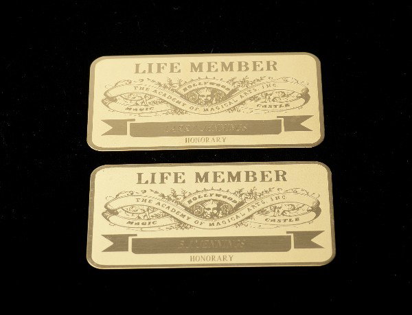 Larry & BJ Jennings Magic Castle Life Membership: Jennings, Larry. Larry & BJ Jennings Magic Castle Life Membership Cards. Pair of gold plated honorary life member cards to Hollywood's Magic Castle bearing the engraved names of Larry and BJ Jennings.