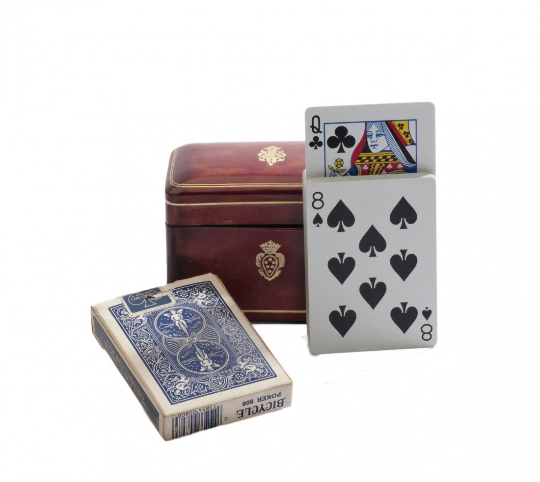 Rising Cards. Hollywood, Albert Goshman [?].: Rising Cards. Hollywood, Albert Goshman [?], ca. 1970. Pair of Devano-style rising card decks owned by Larry Jennings. One red, the other blue, in a tooled leather case that accommodates both decks. B