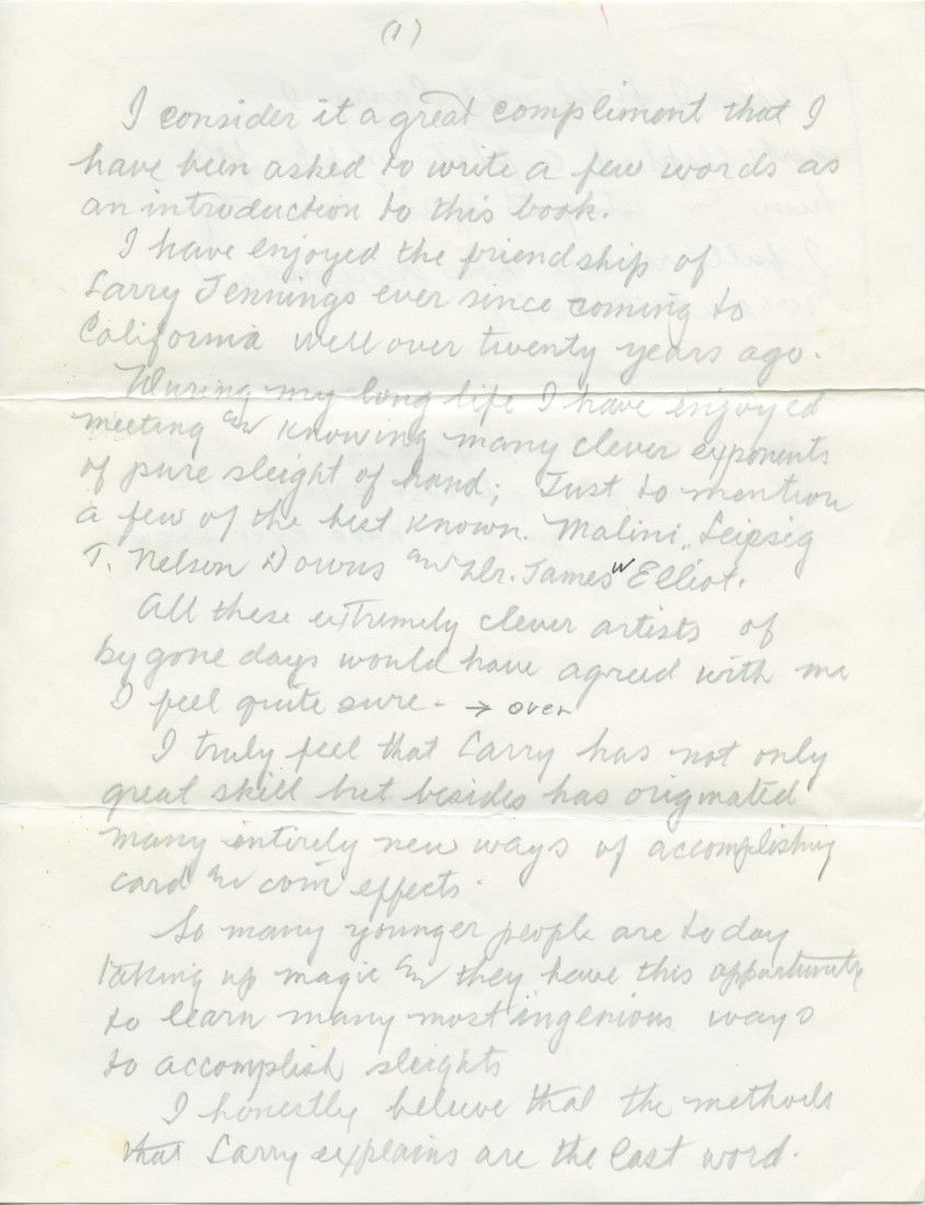 Vernon, Dai. Handwritten foreword to The Classic M: Vernon, Dai. Handwritten foreword to The Classic Magic of Larry Jennings. Handwritten by Dai Vernon and used in slightly edited form as a foreword to Jennings' seminal book. Text in pencil; several co