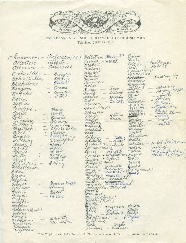 Dai Vernon's "Dead List." Handwritten by Vernon: Vernon, Dai. Dai Vernon "Dead List." Handwritten by Vernon on Magic Castle stationery, this list of over 200 names includes most of the prominent magicians of the 20th century, all of whom Vernon knew