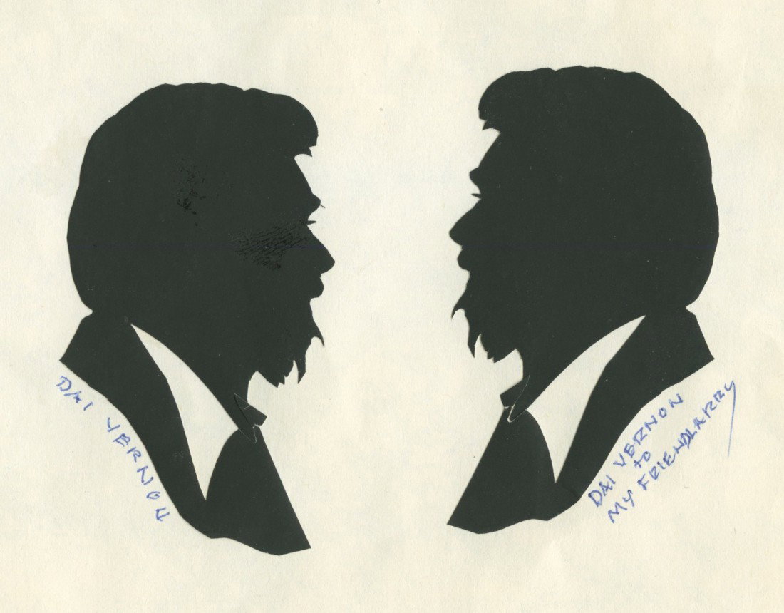 Silhouettes of Larry Jennings by Dai Vernon: Vernon, Dai. Silhouettes of Larry Jennings. Hollywood, ca. 1980. Pair of silhouettes of Larry Jennings simultaneously cut by Dai Vernon. Mounted on the verso of a Magic Castle menu. Inscribed and sign
