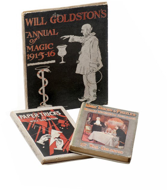 Group of three Will Goldston magic books: Goldston, Will. Group of three Will Goldston magic books. Including More Tricks & Puzzles, Paper Tricks, and Will Goldston's Annual of Magic 1915 – 1916. Sizes and bindings vary. Condition generally