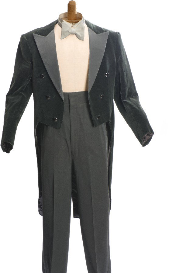 Harry Blackstone, Jr. stage-worn tuxedo.: Blackstone, Harry. Harry Blackstone, Jr. stage-worn tuxedo. New York, Michael Jon Costumes, 1980. Black velvet tailcoat used in the Enchanted Garden sequence of Blackstone's record-breaking Broadway r