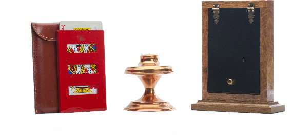 Group of three card magic props.: [Card Magic] Group of three card magic props. Including a Card Tripod (Morrissey), Jumbo Slat Card Frame, and Jumbo No-Fake Card Frame (Viking, hallmarked). Handle of latter in need of repair, otherwi