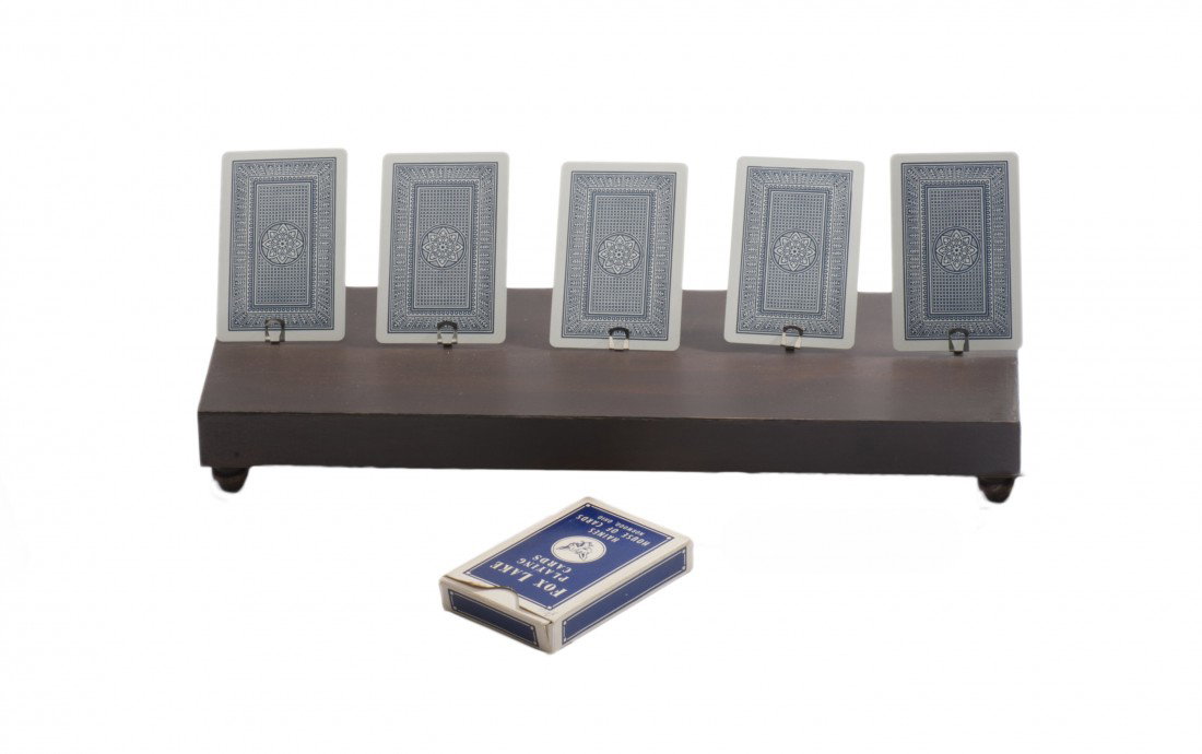 Carno. Indiana Pennsylvania, Bob Kline, ca. 1970. : Carno. Indiana Pennsylvania, Bob Kline, ca. 1970. Five cards from a shuffled deck are placed on a wooden stand, from which one is selected. It is proven to match a prediction that has been in plain vi
