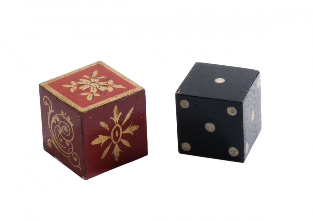 Die Through Hat. French, ca. 1890.: Die Through Hat. French, ca. 1890. A small wooden die passes through a hat when covered with a metal container. Toleware box measures 2 ¼" cubed. Light wear to paint; good condition.