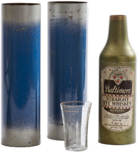 Passe Passe Bottles. Petrie & Lewis, ca. 1939.: Passe Passe Bottles. New Haven, Petrie & Lewis, ca. 1939. A bottle and glass, each covered by a metal tube, continually change places. Smallest bottle accommodates liquid load. Tubes stand 9 ½" high.