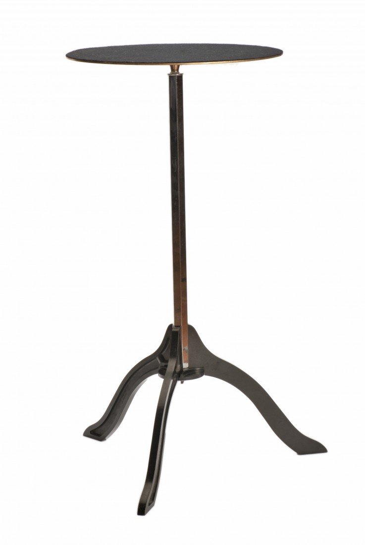 Table Stand. Birmingham, Walter Wandman, ca. 1946.: Table Stand. Birmingham, Walter Wandman, ca. 1946. Handsome magicians side table with chrome plated center rod, three Bakelite legs and patented flange. Round felt-covered top. 30" high. Good conditio