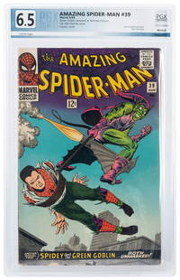 The Amazing Spider-Man No. 39. Marvel, ca. 1966. PGX 6.5 gr...: The Amazing Spider-Man No. 39. Marvel, ca. 1966. PGX 6.5 graded copy. Green Goblin is revealed as Norman Osborn, a classic cover. Art by John Romita. Story by Stan Lee. Off-white to white pages.