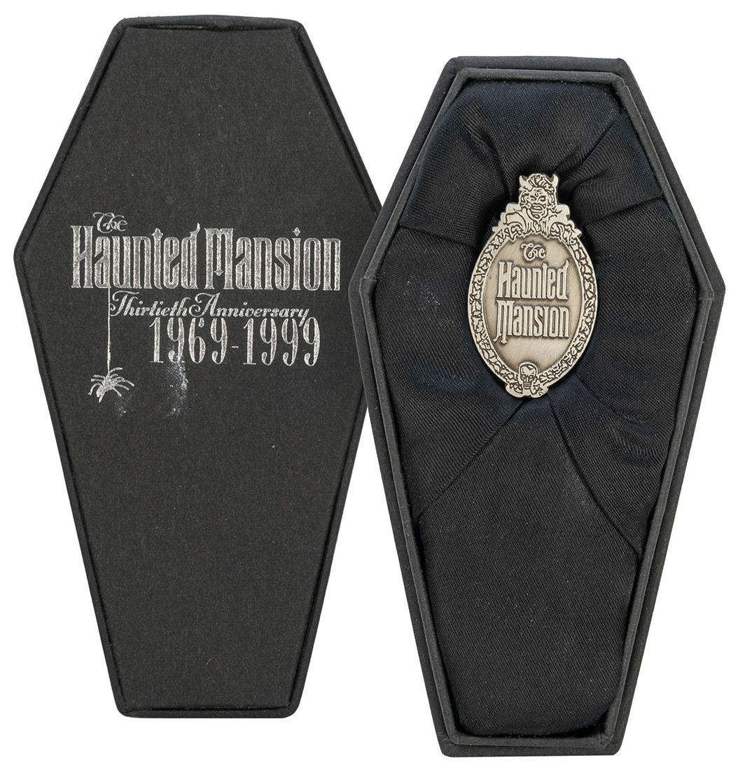 Haunted Mansion Thirtieth Anniversary Pin with Coffin Case....: Haunted Mansion Thirtieth Anniversary Pin with Coffin Case. Anaheim, CA: Disneyland Resort, ca. June 26, 1999. Limited edition 1 of 1969 metal pins commemorating thirty years of the Haunted Mansion ri