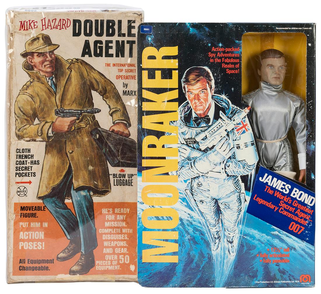 Group of 2 large James Bond-themed action figures. Includin...: Group of 2 large James Bond-themed action figures. Including Mike Hazard Double Agent. [Marx Toys, ca. 1960s]. Plastic action figure with instructions, clothes, and numerous accessories and disguises,
