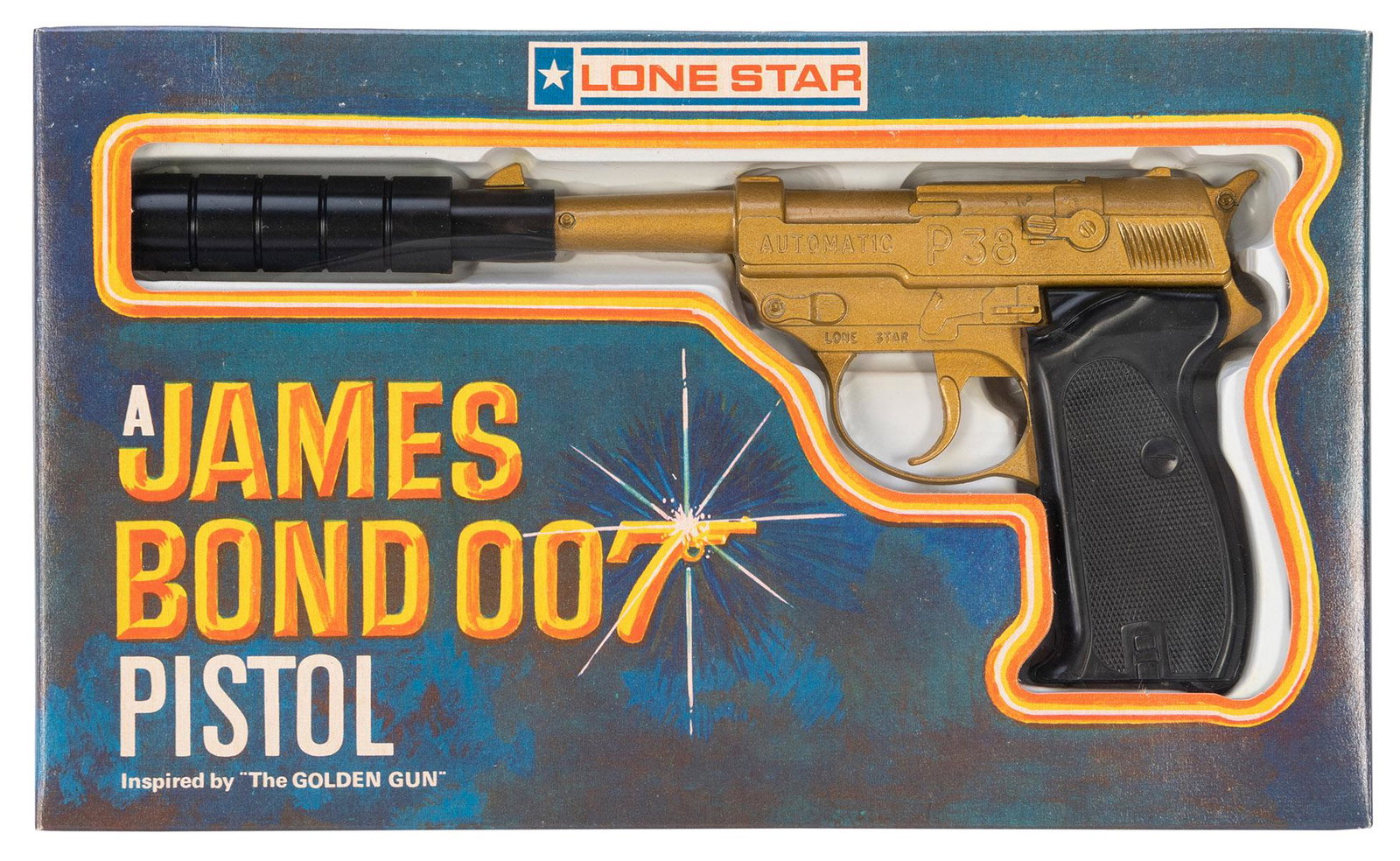James Bond 007 Pistol Inspired by The Golden Gun.: James Bond 007 Pistol Inspired by ‘The Golden Gun’. [England: Lone Star, 1975]. Metal golden gun with plastic silencer and grips. In original pictorial packaging. Bright and fine.