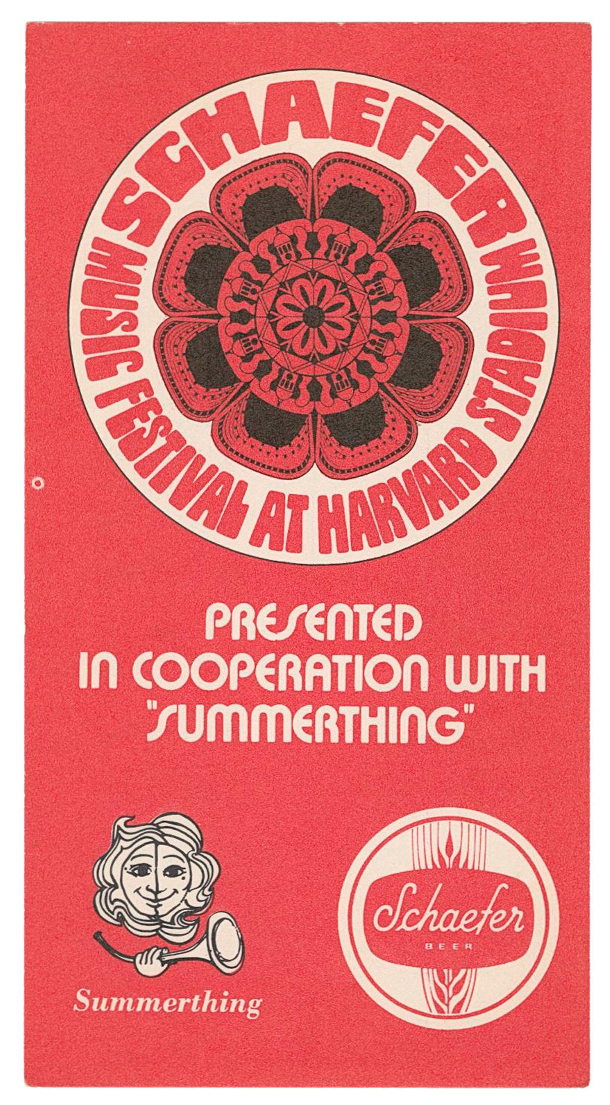 Schaefer Music Festival at Harvard Stadium Handbill. New ...: “Schaefer Music Festival at Harvard Stadium” Handbill. New York: Schaefer Breweries, 1970. Small handbill for the Schaefer Music Festival from June 22 to August 17, 1970, consisting of 16 